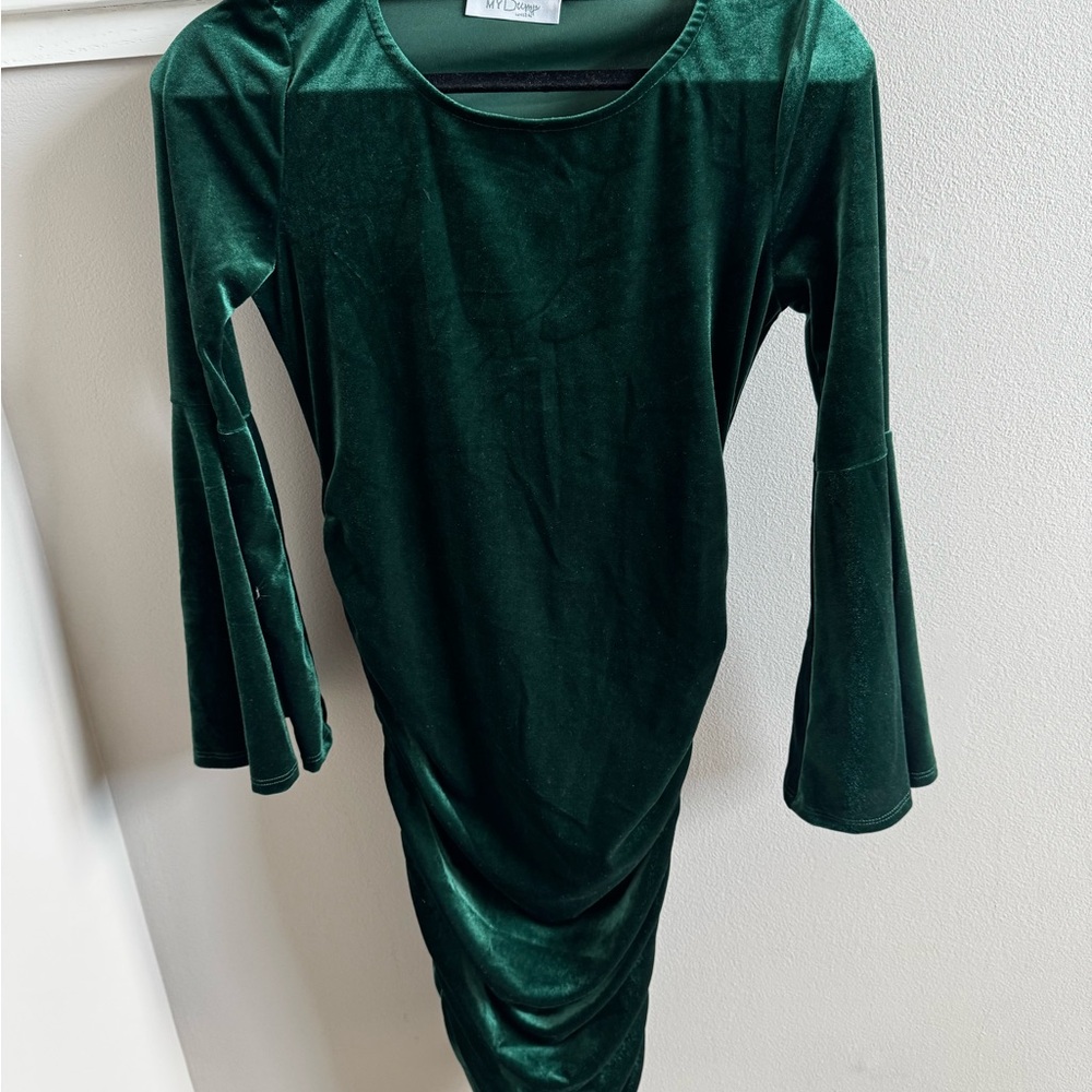 My bump Christmas or holiday maternity Emerald green Velvet Long Sleeve Dress